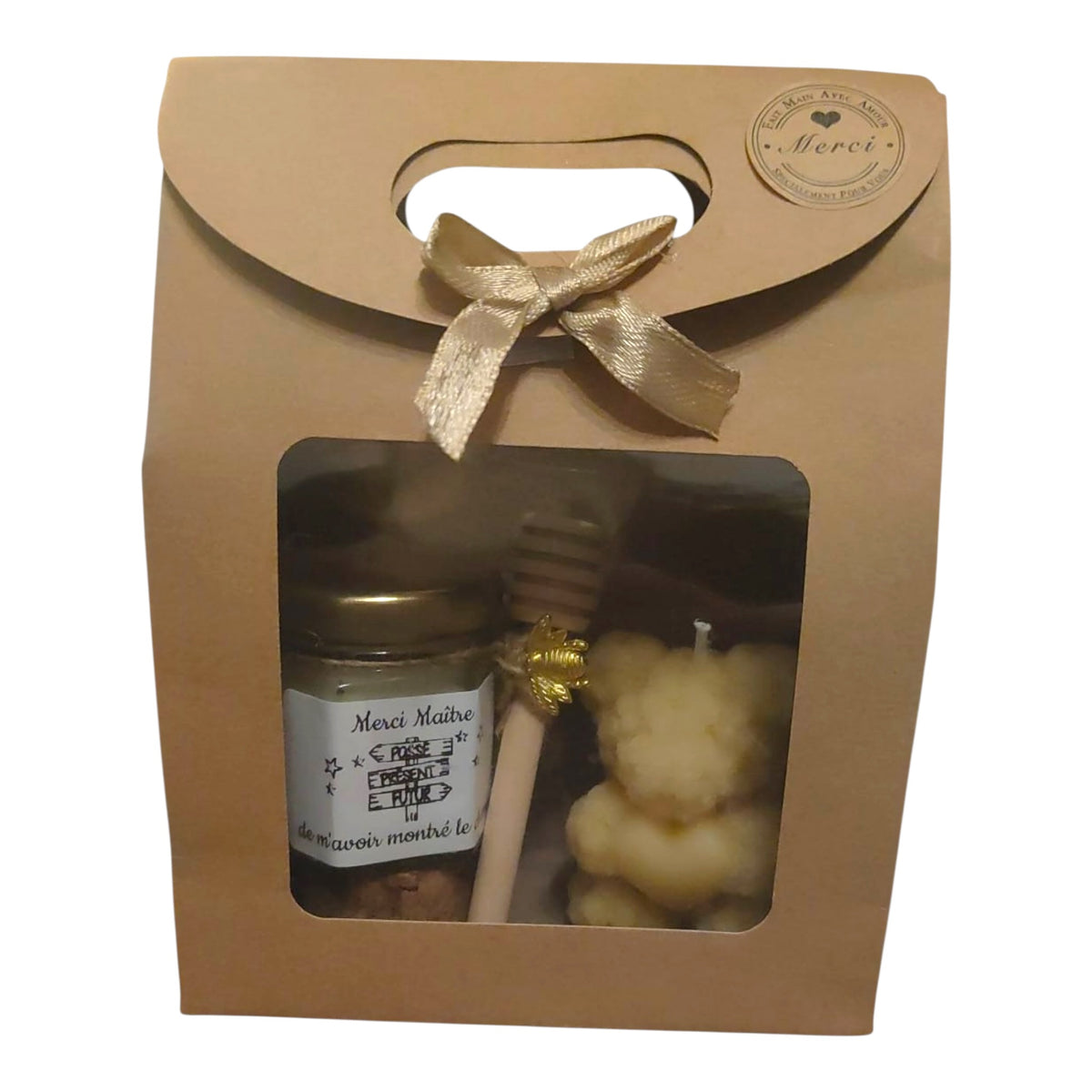 cadeau maître avec bougie cire d’abeille et miel artisanal
