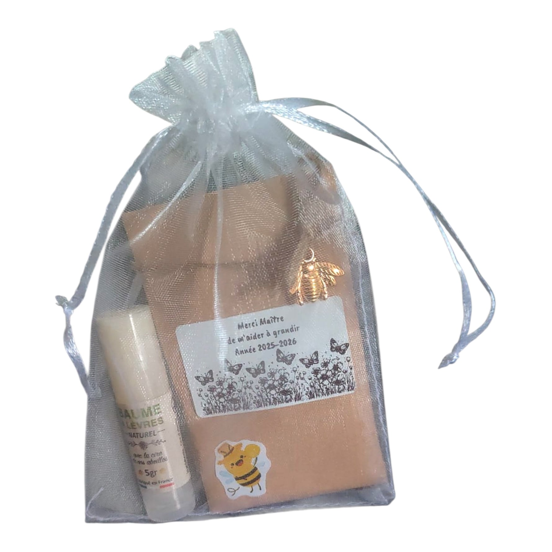 Cadeau fin d’année maître avec sachet de graines mellifères et baume à lèvres artisanal à la cire d’abeille