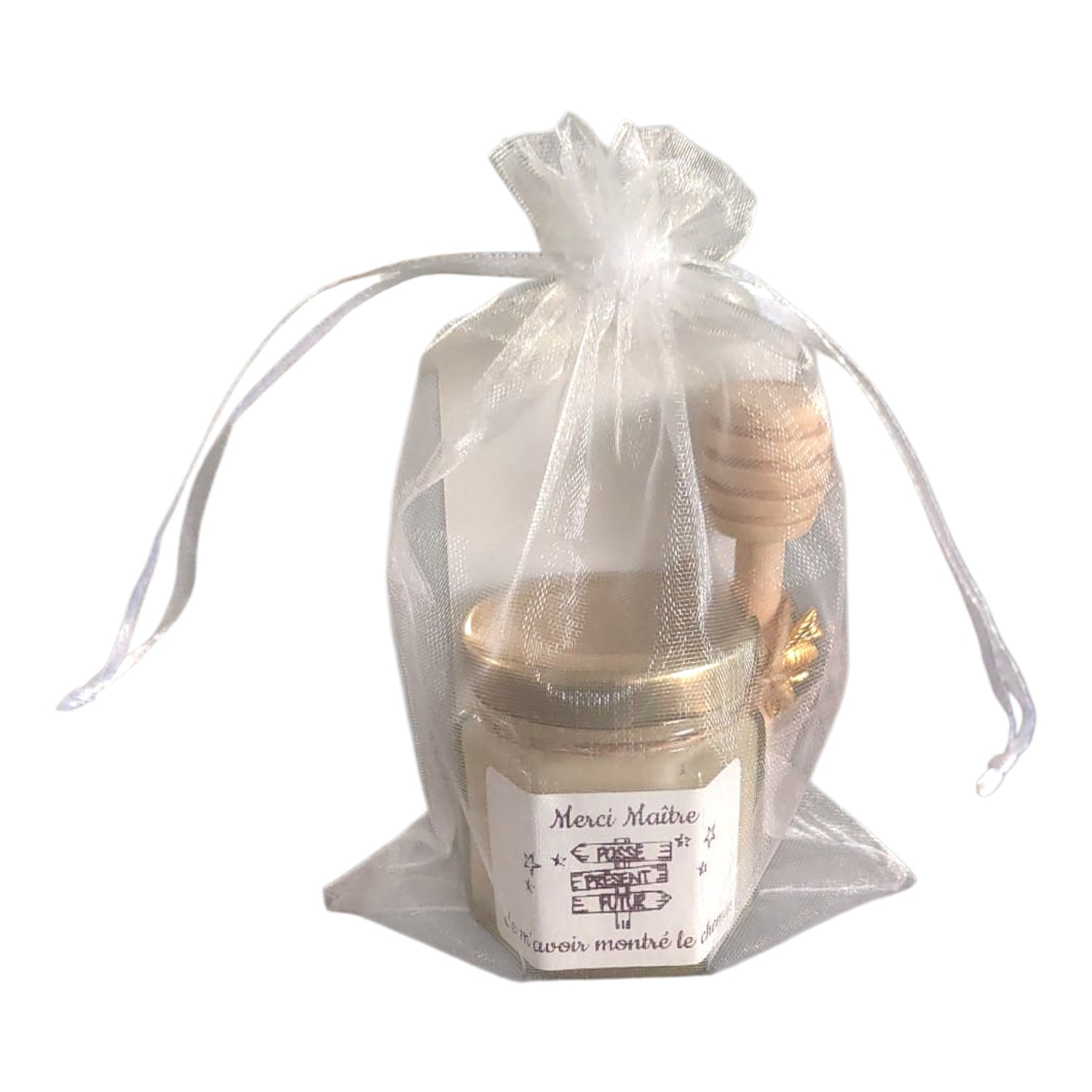 Cadeau fin d’année maître avec petit pot de miel artisanal et cuillère à miel en bois