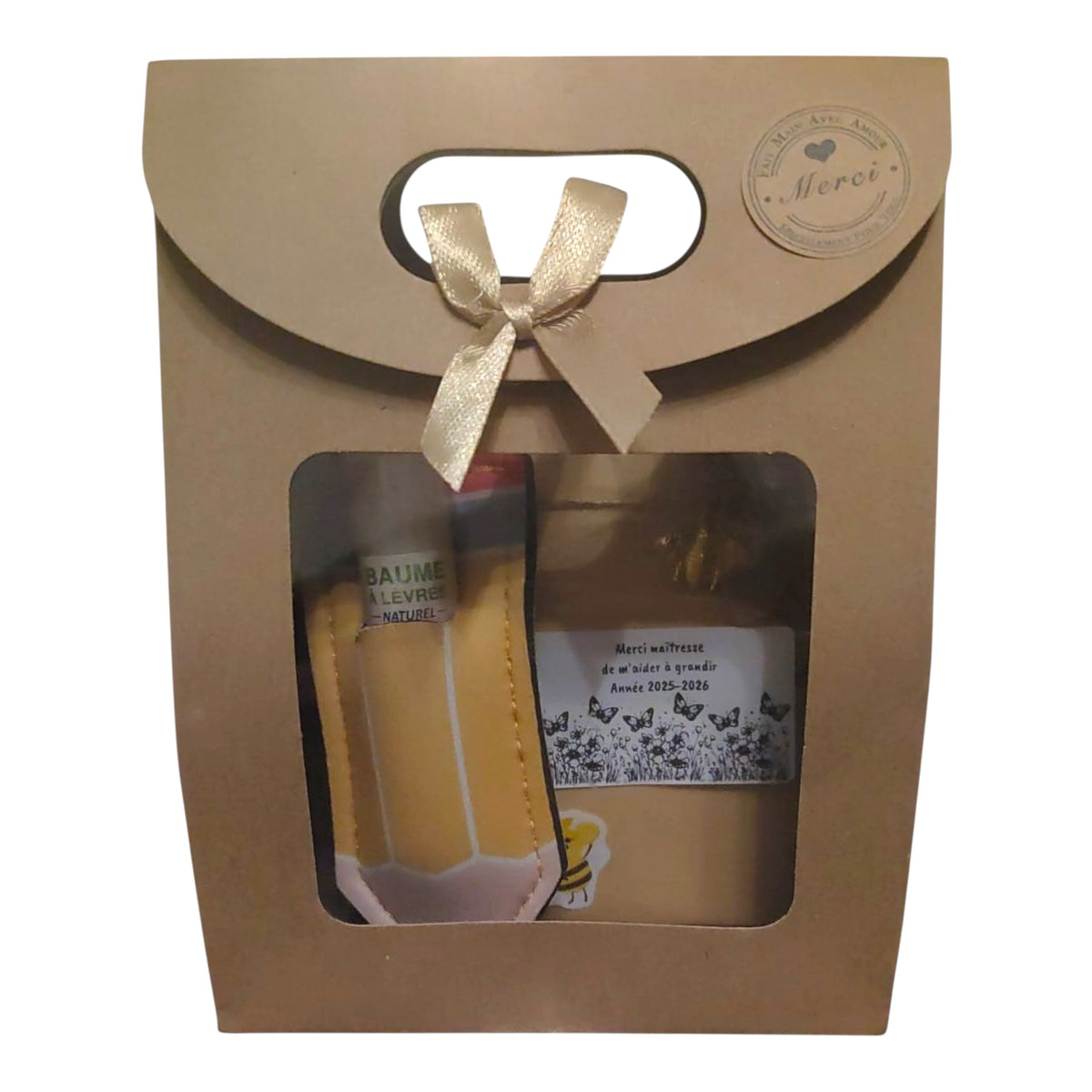 Cadeau fin d’année personnalisé maîtresse avec graines de fleurs mellifères, baume à lèvres artisanal et étui porte-clé