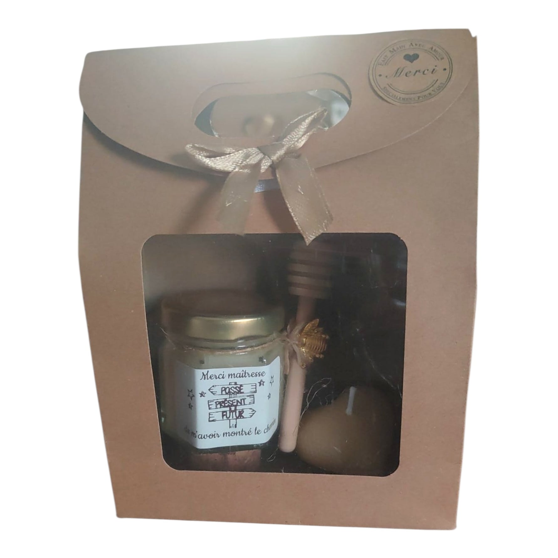 Cadeau fin d’année maîtresse avec miel artisanal, bougie cœur en cire d’abeille et cuillère à miel