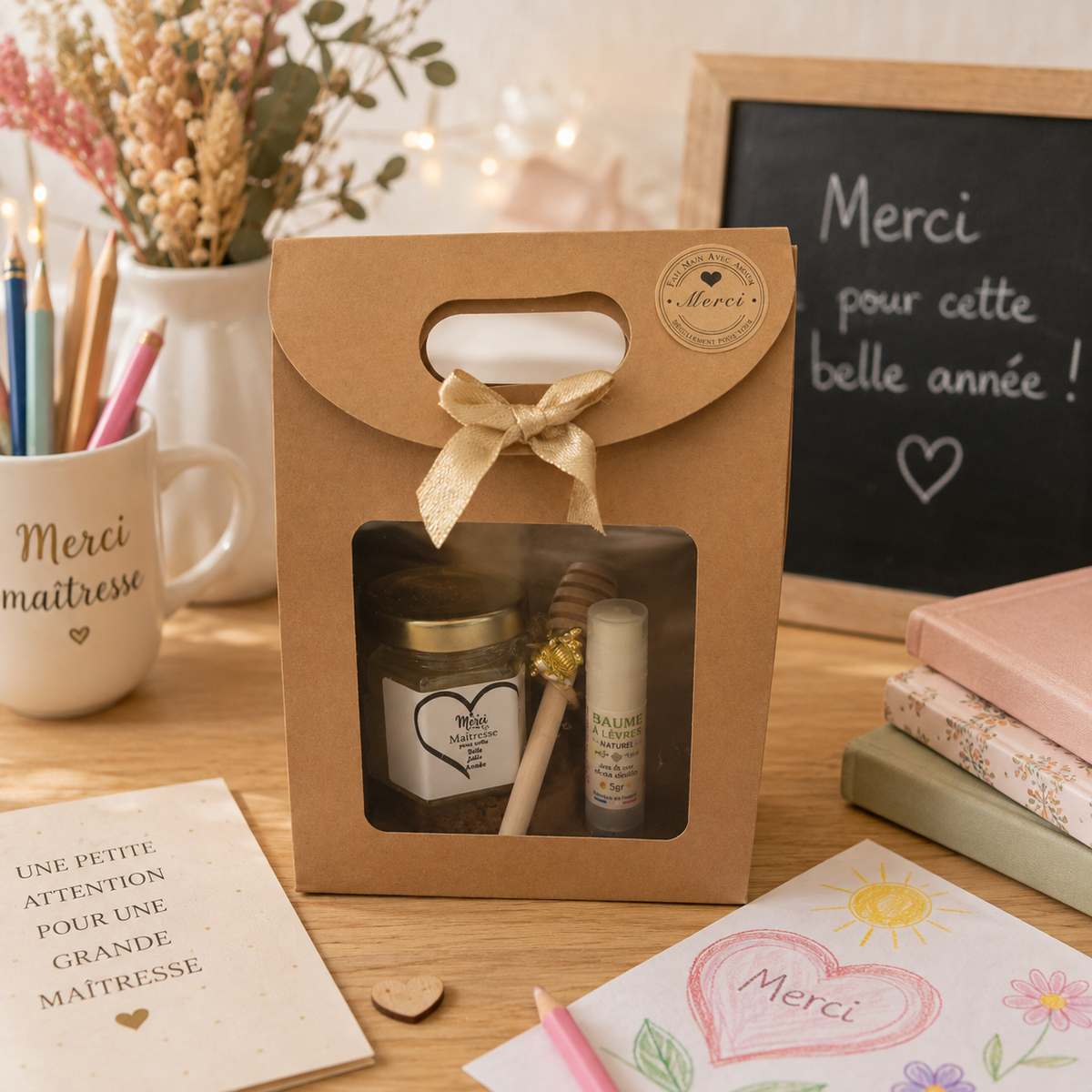 Coffret cadeau de fin d'année pour maîtresse avec miel artisanal, baume à lèvres naturel et cuillère à miel, présenté dans une ambiance chaleureuse de salle de classe, idée cadeau personnalisée pour remercier une maîtresse.