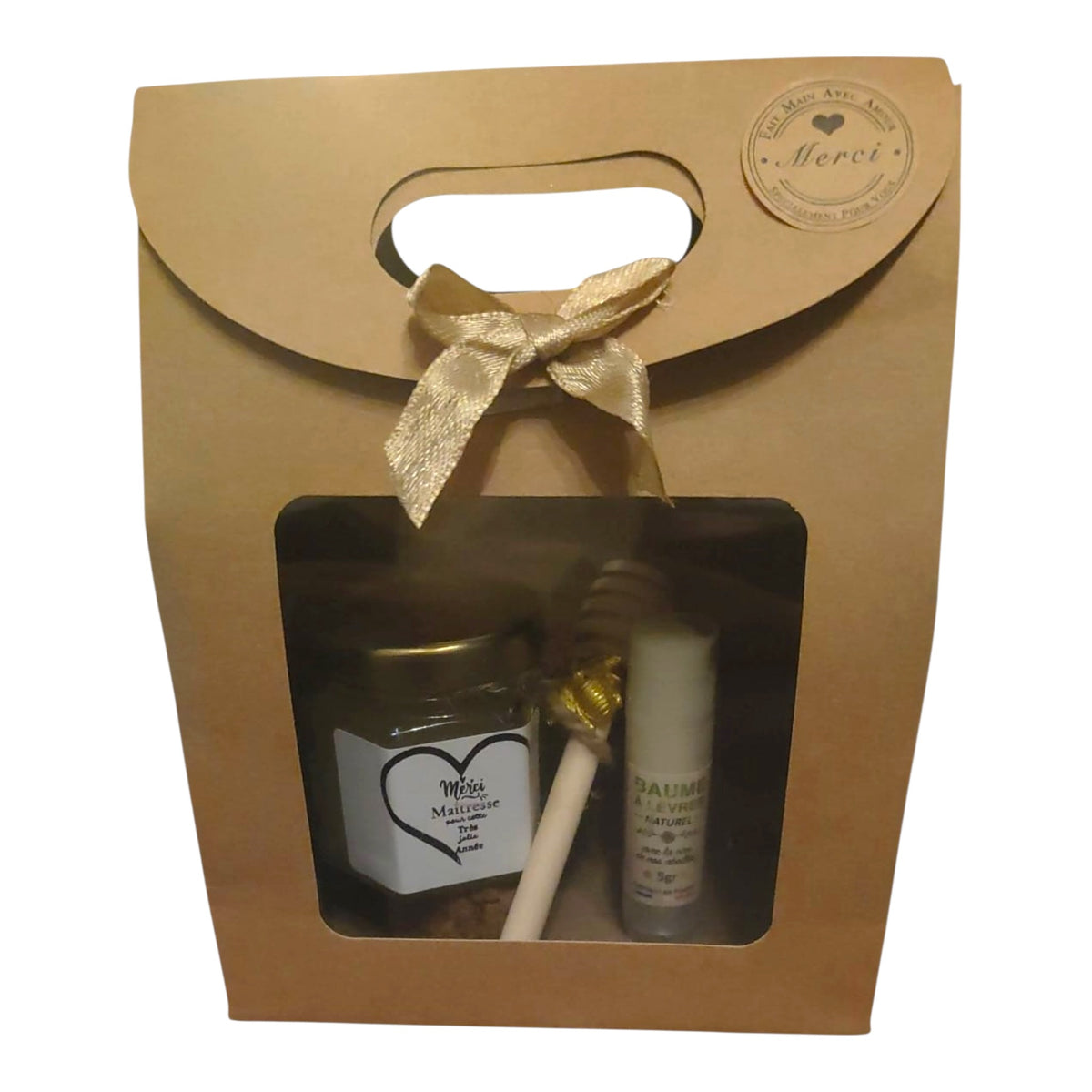 Cadeau fin d’année personnalisé maîtresse avec miel artisanal et baume à lèvres à la cire d’abeille