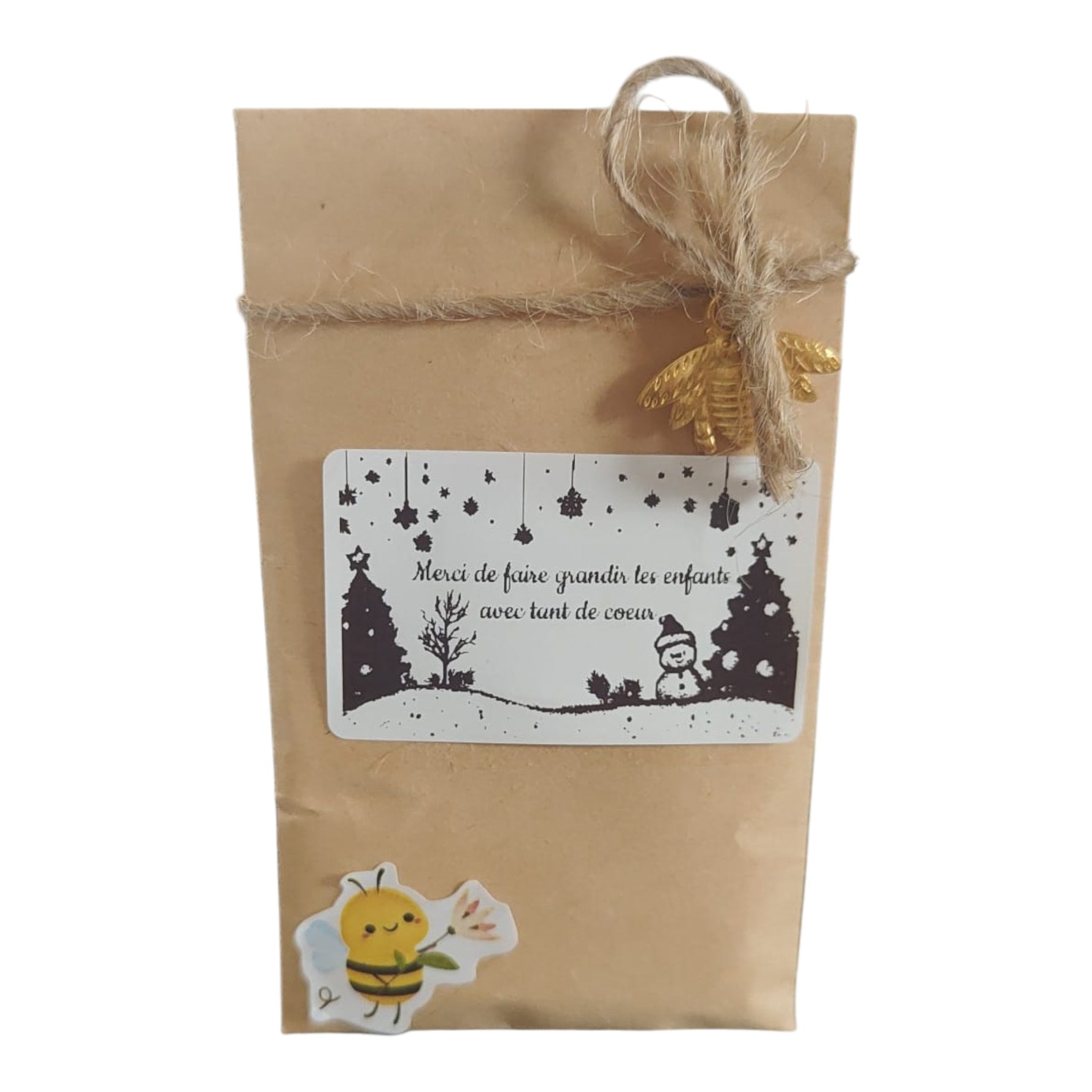 Sachet de graines personnalisé pour remercier une maîtresse, une ATSEM ou une nounou avec le message « Merci de faire grandir les enfants avec tant de cœur ».