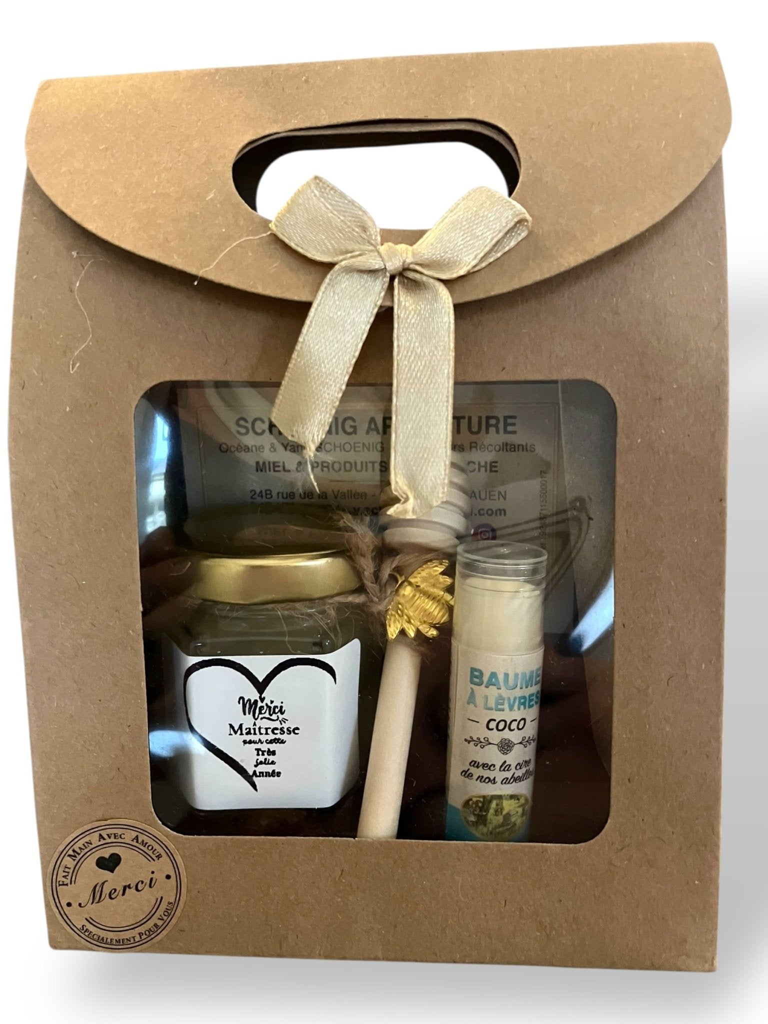 Cadeau fin d’année maîtresse avec coffret miel artisanal et baume à lèvres à la cire d’abeille