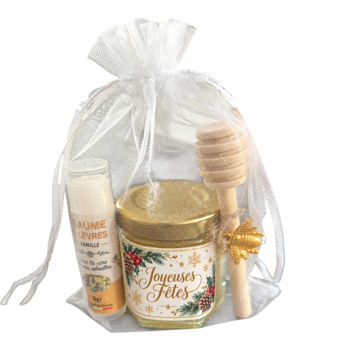 Sachet cadeau de fin d’année avec miel artisanal et baume à lèvres vanille – étiquette Joyeuses Fêtes