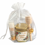 Sachet cadeau de fin d’année avec miel artisanal et baume à lèvres vanille – étiquette Joyeuses Fêtes