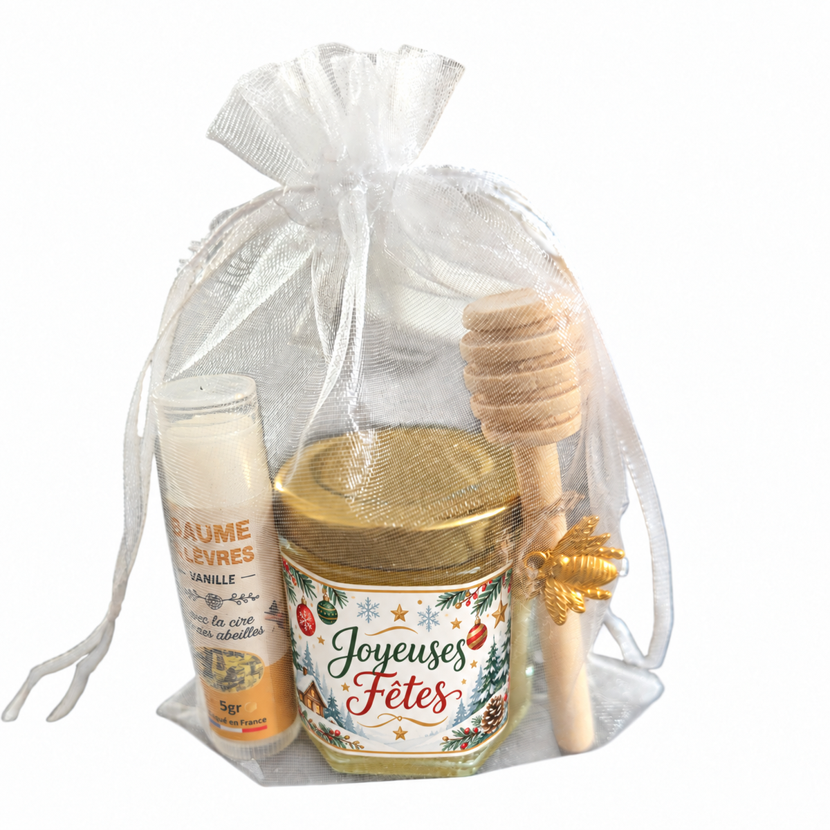 Cadeau de fin d’année artisanal avec miel, baume à lèvres vanille, cuillère en bois et étiquette Joyeuses Fêtes