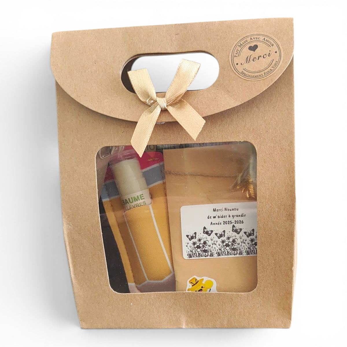 Cadeau fin d’année nounou avec baume à lèvres artisanal, porte-clé et graines de fleurs pour pollinisateurs