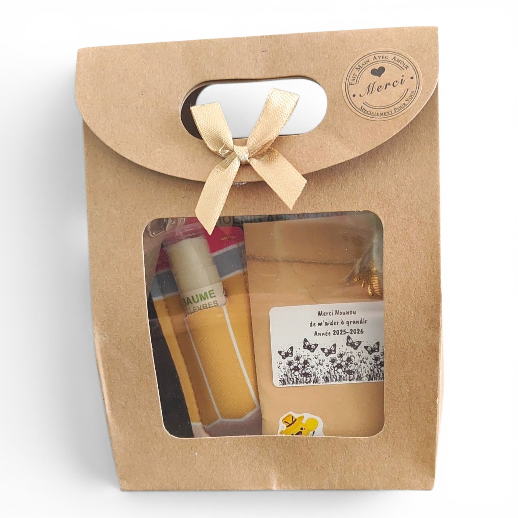 Cadeau fin d’année nounou avec baume à lèvres artisanal, porte-clé et graines de fleurs pour pollinisateurs