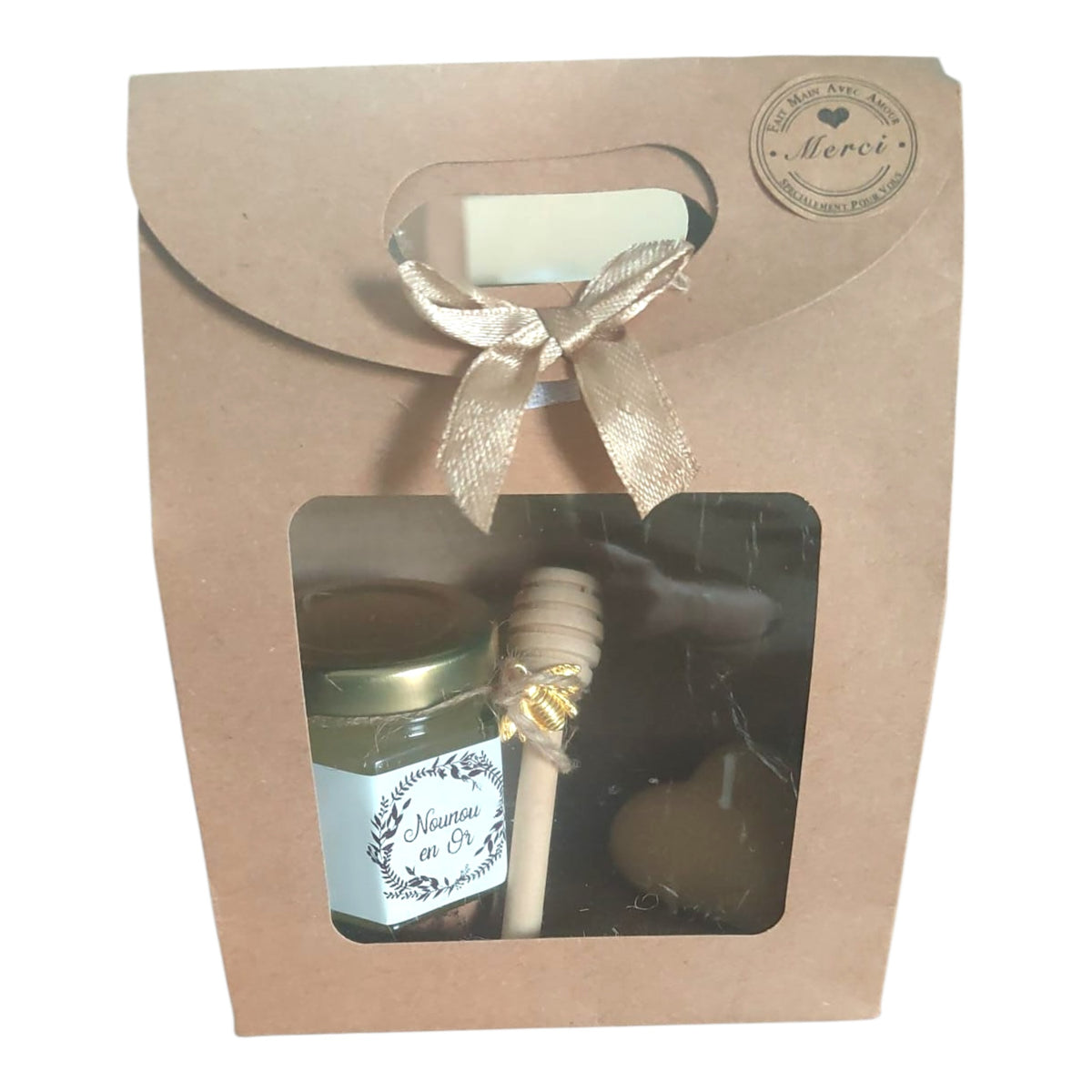 Cadeau fin d’année nounou avec miel artisanal et bougie cœur en cire d’abeille