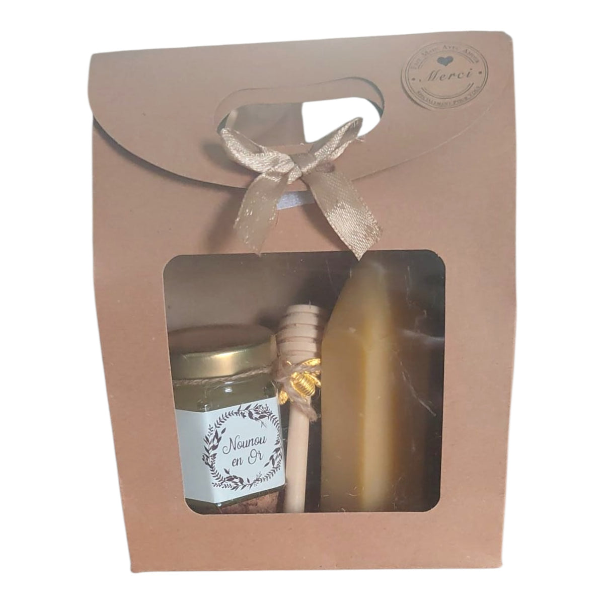 Cadeau fin d’année nounou avec miel artisanal et bougie crayon en cire d’abeille