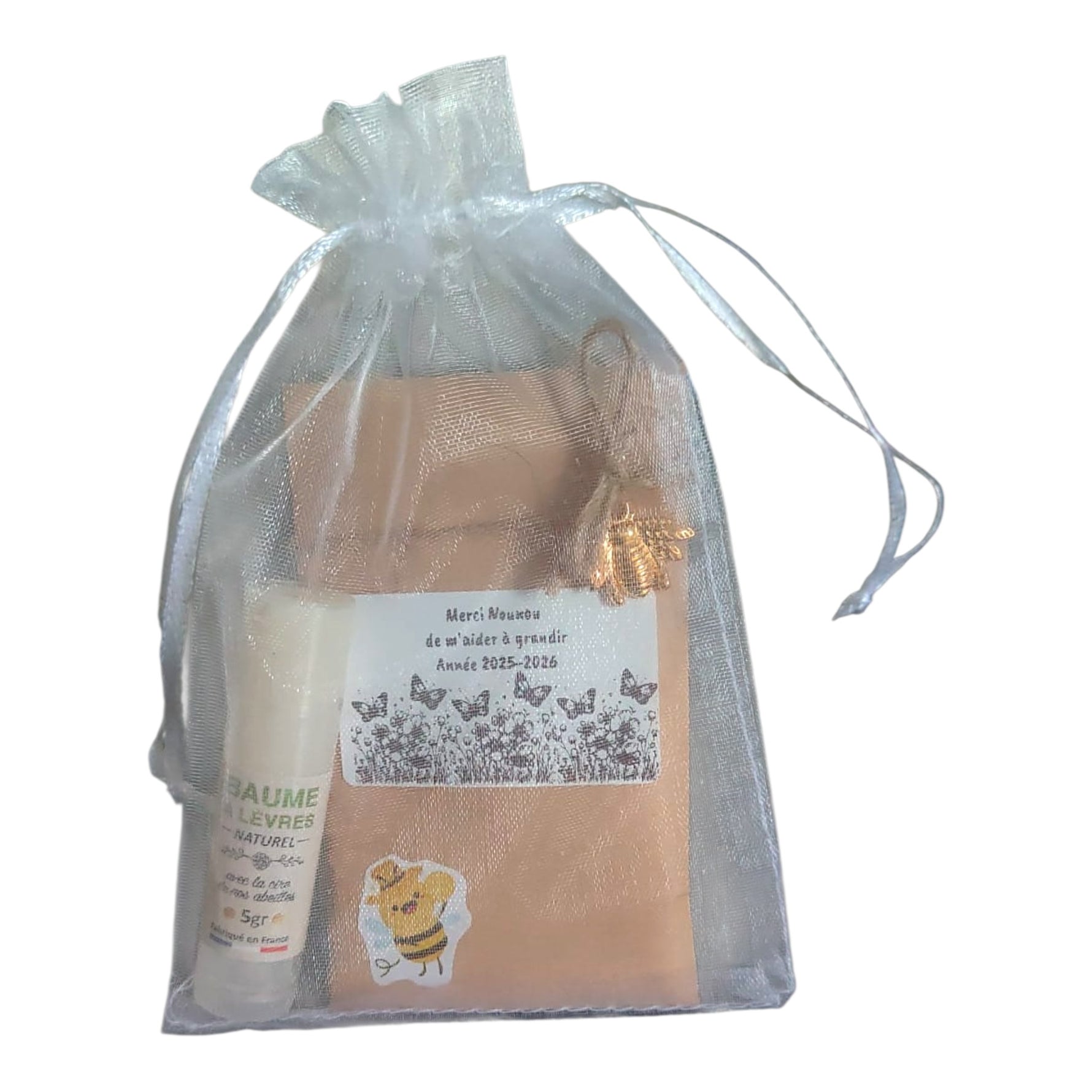 Cadeau fin d’année nounou avec sachet de graines mellifères et baume à lèvres naturel à la cire d’abeille