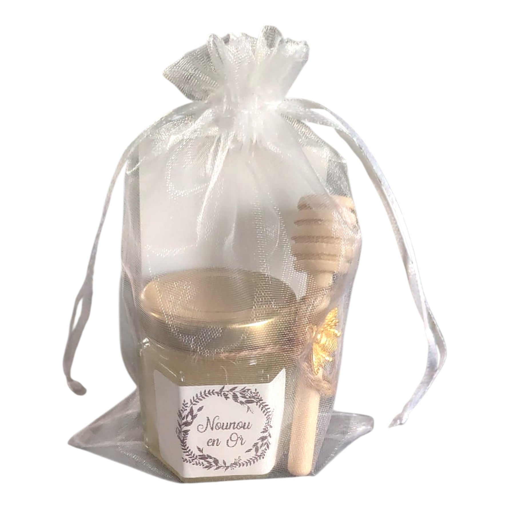 Cadeau fin d’année nounou avec petit pot de miel artisanal et cuillère à miel en bois