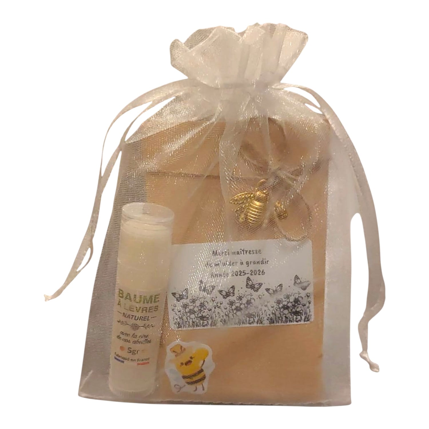 Cadeau fin d’année personnalisé maîtresse avec graines de fleurs mellifères et baume à lèvres artisanal à la cire d’abeille