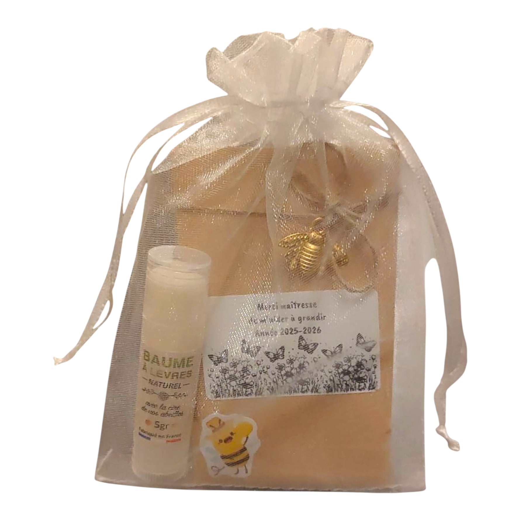 Cadeau fin d’année personnalisé maîtresse avec graines de fleurs mellifères et baume à lèvres artisanal à la cire d’abeille