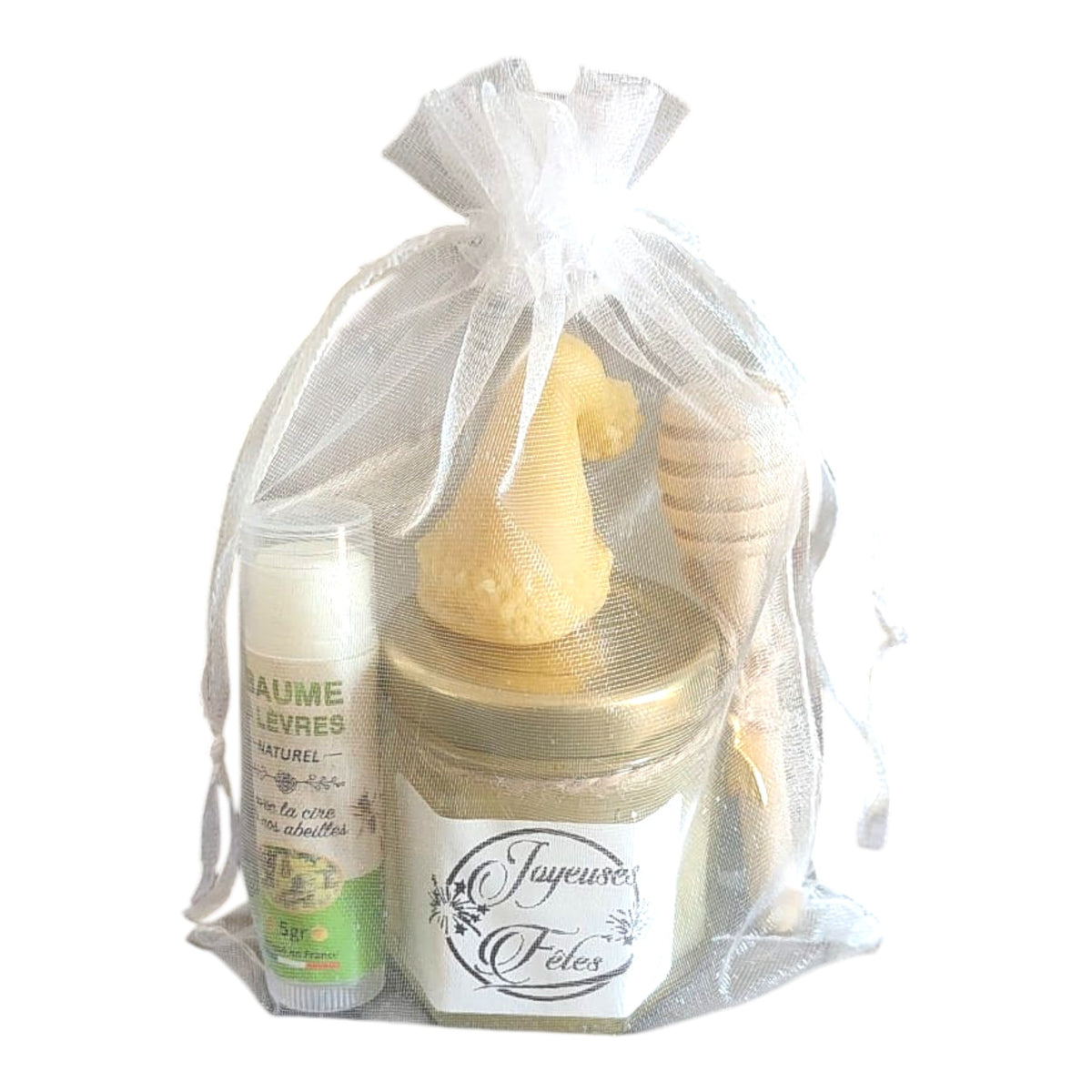 Cadeau de Noël personnalisé avec mini pot de miel, baume à lèvres artisanal et bougie en cire d'abeille.