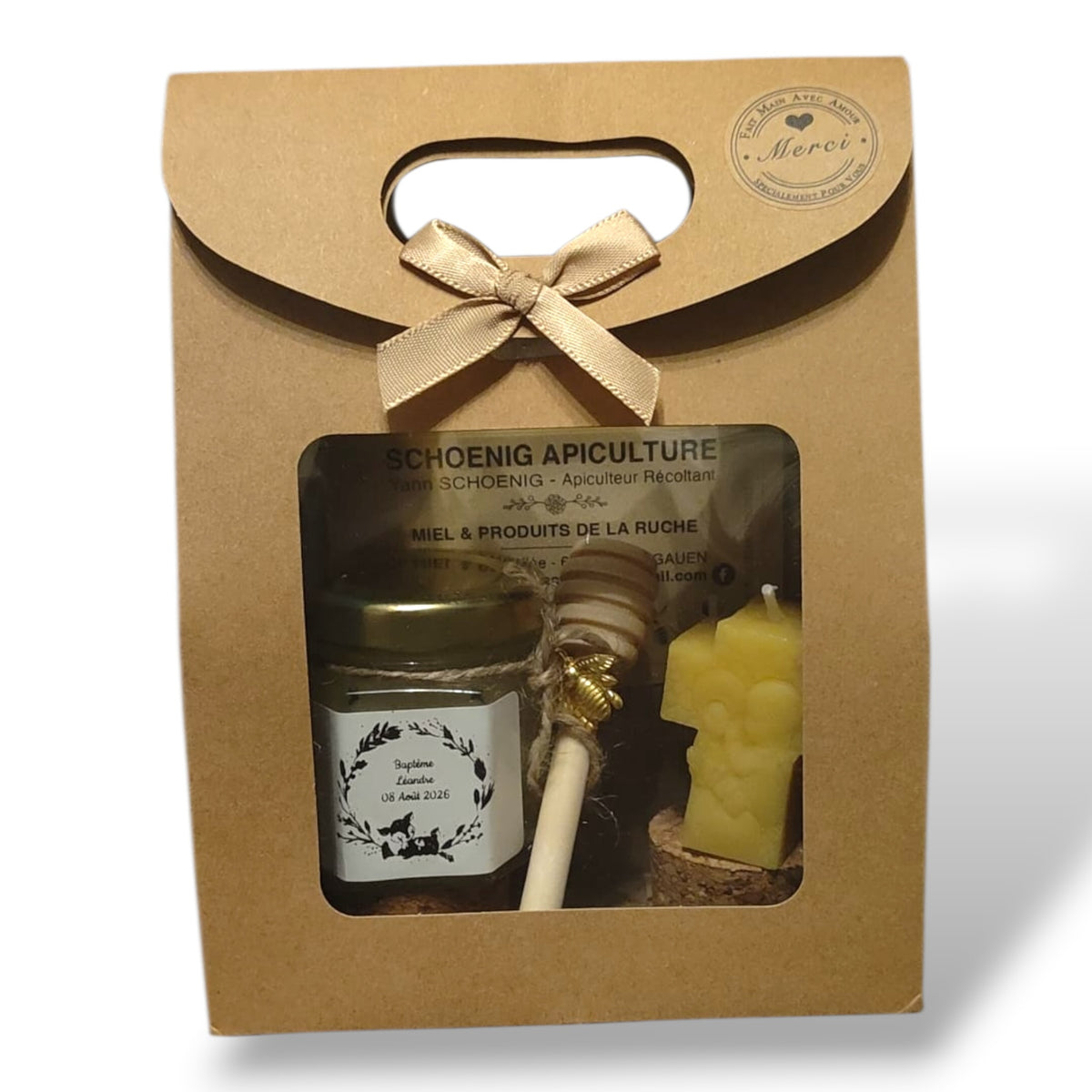 Cadeau invité baptême avec bougie croix en cire d’abeille et miel artisanal personnalisé, coffret élégant et naturel