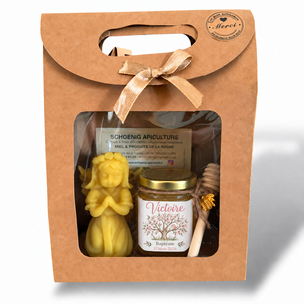 Cadeau invité de baptême fille avec miel personnalisé, bougie ange et étiquette arbre de vie