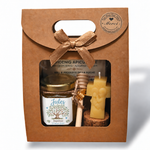 Coffret cadeau invité de baptême personnalisé avec pot de miel, bougie ange et motif arbre de vie