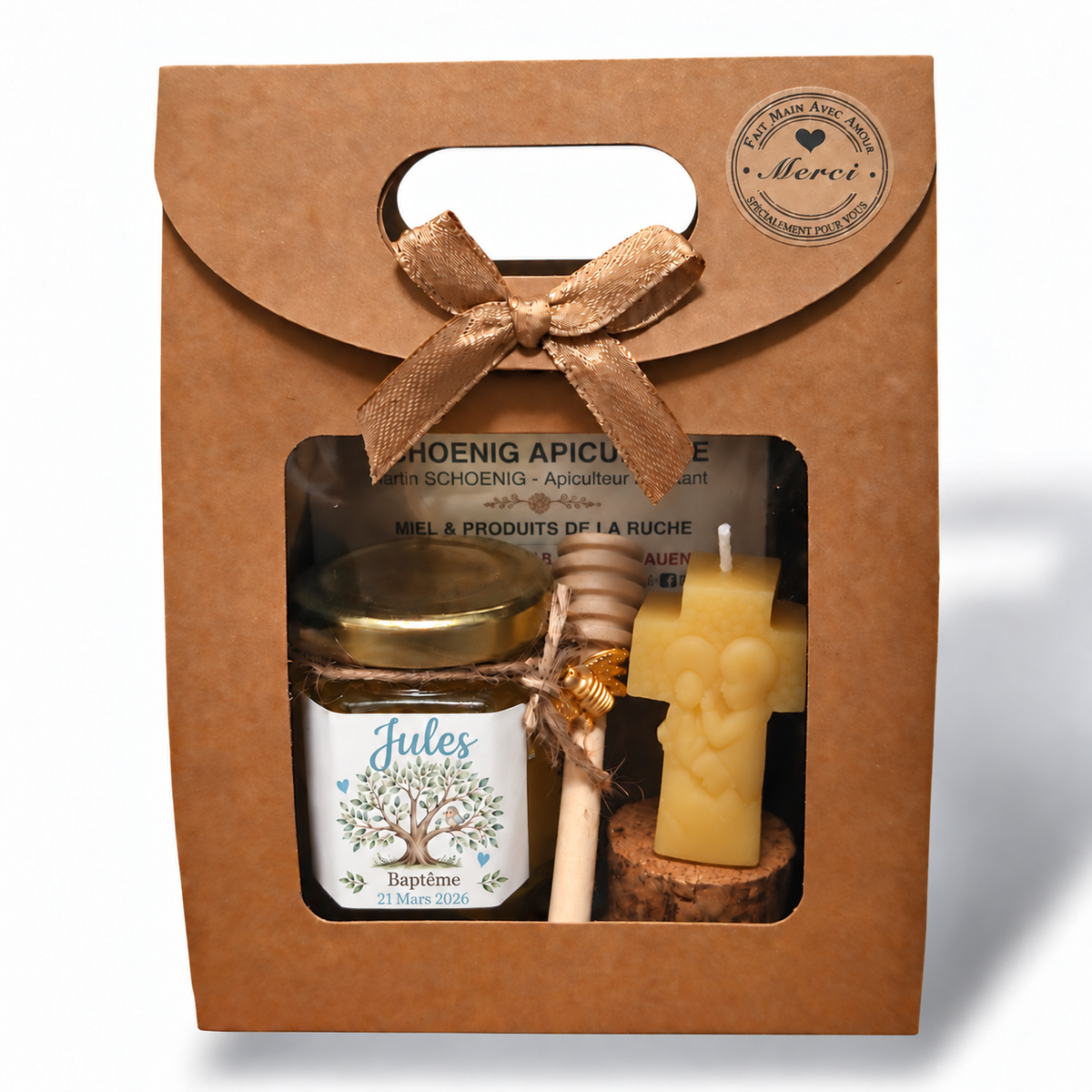 Coffret cadeau invité de baptême personnalisé avec pot de miel, bougie ange et motif arbre de vie