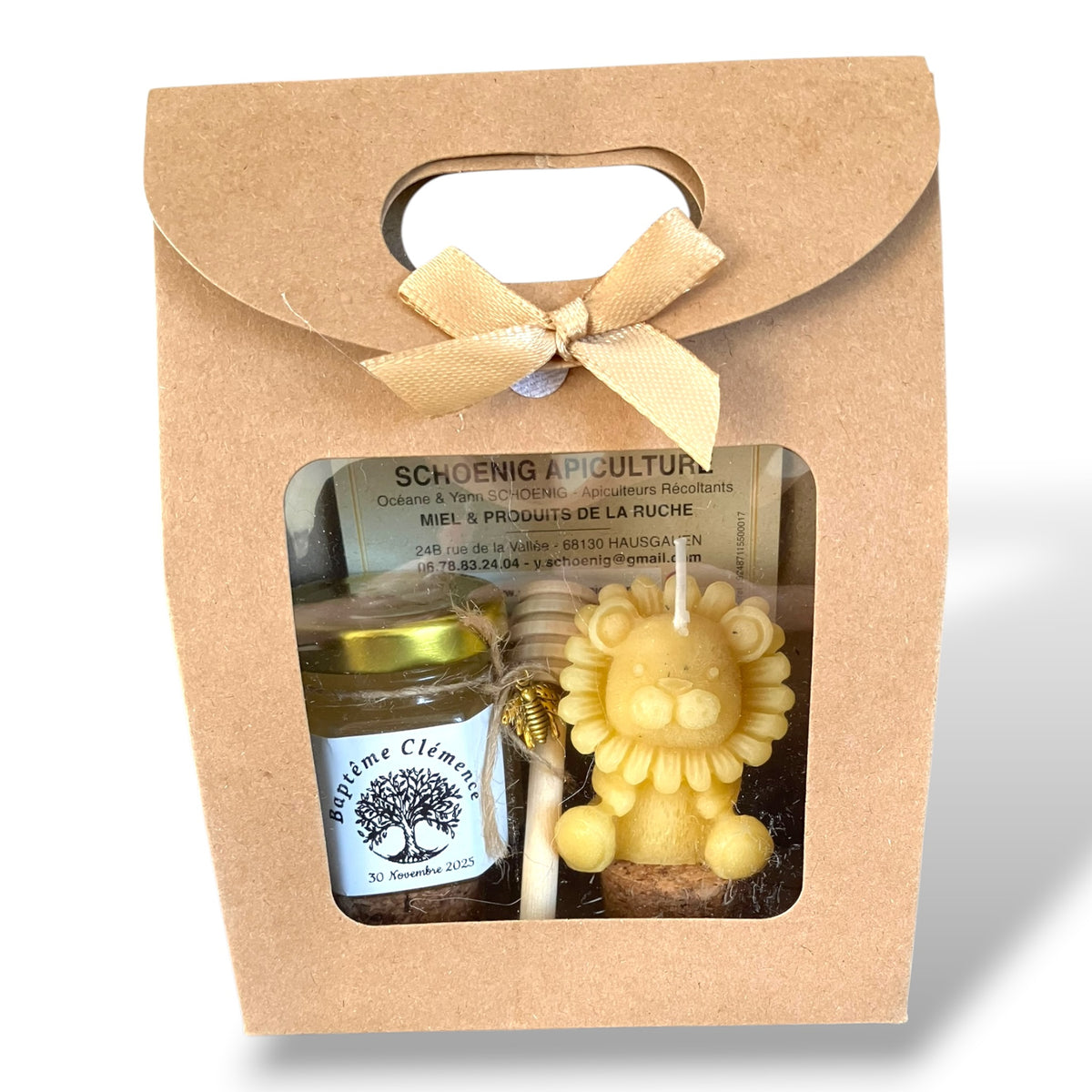 Cadeau invité baptême avec bougie lion en cire d’abeille et miel personnalisé, coffret original et naturel pour naissance
