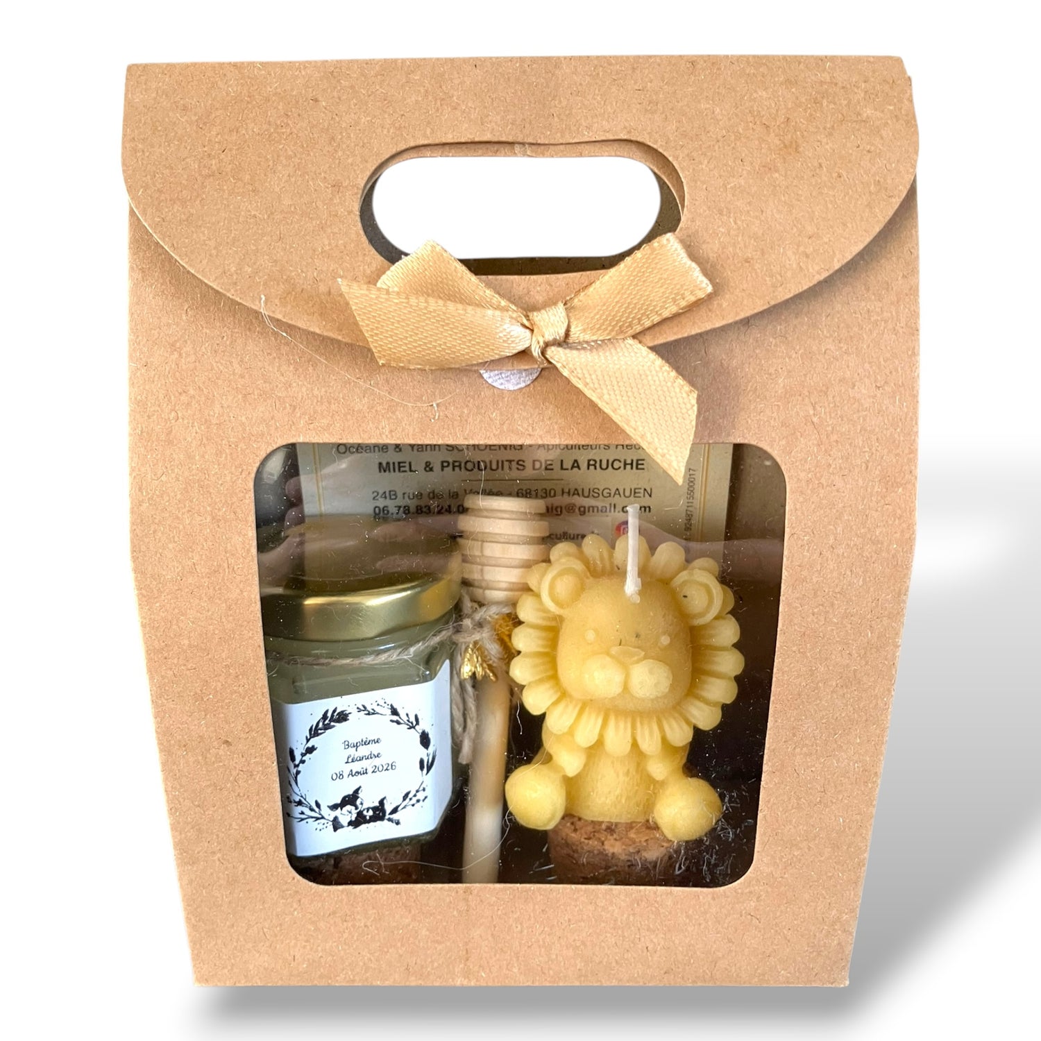 Cadeau invité baptême avec miel personnalisé et bougie en cire d’abeille artisanale, coffret naturel fait main idéal naissance ou baby shower