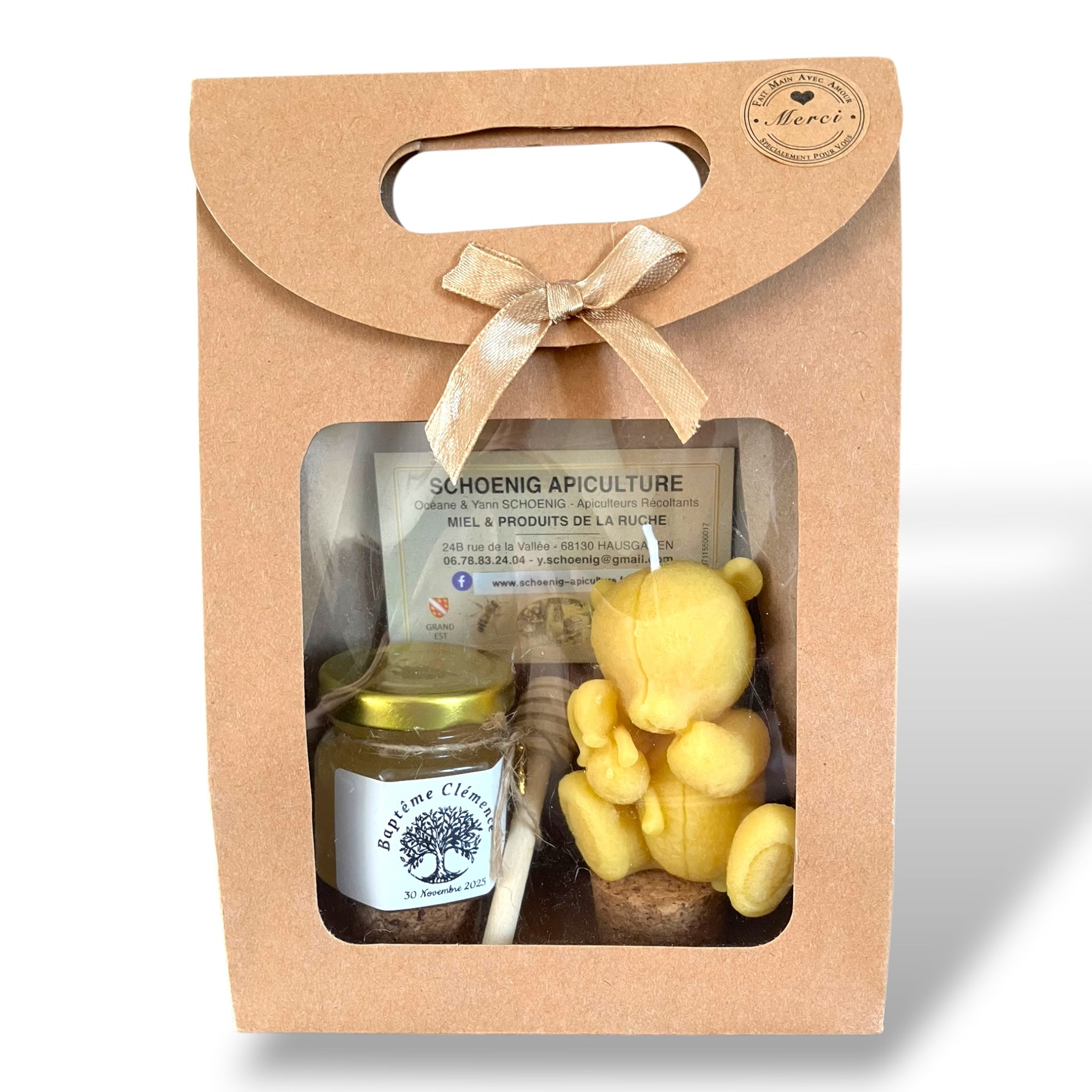 Cadeau invité baptême avec bougie ourson en cire d’abeille et miel personnalisé, création artisanale issue de nos ruches