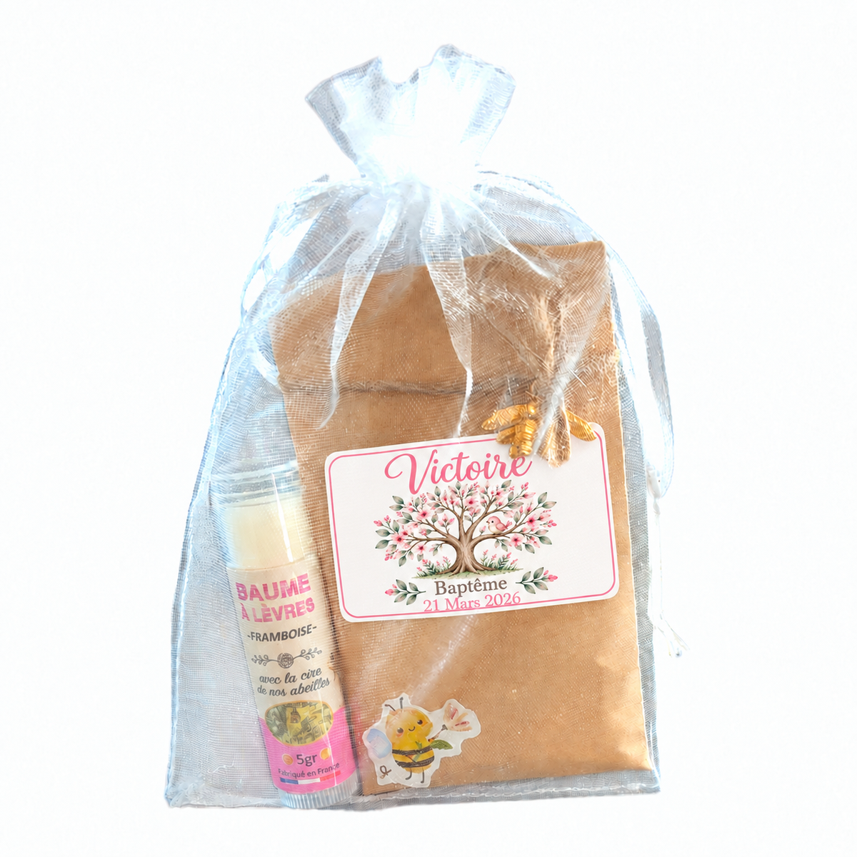 Cadeau invité de baptême personnalisé avec sachet de graines, baume à lèvres et motif arbre de vie