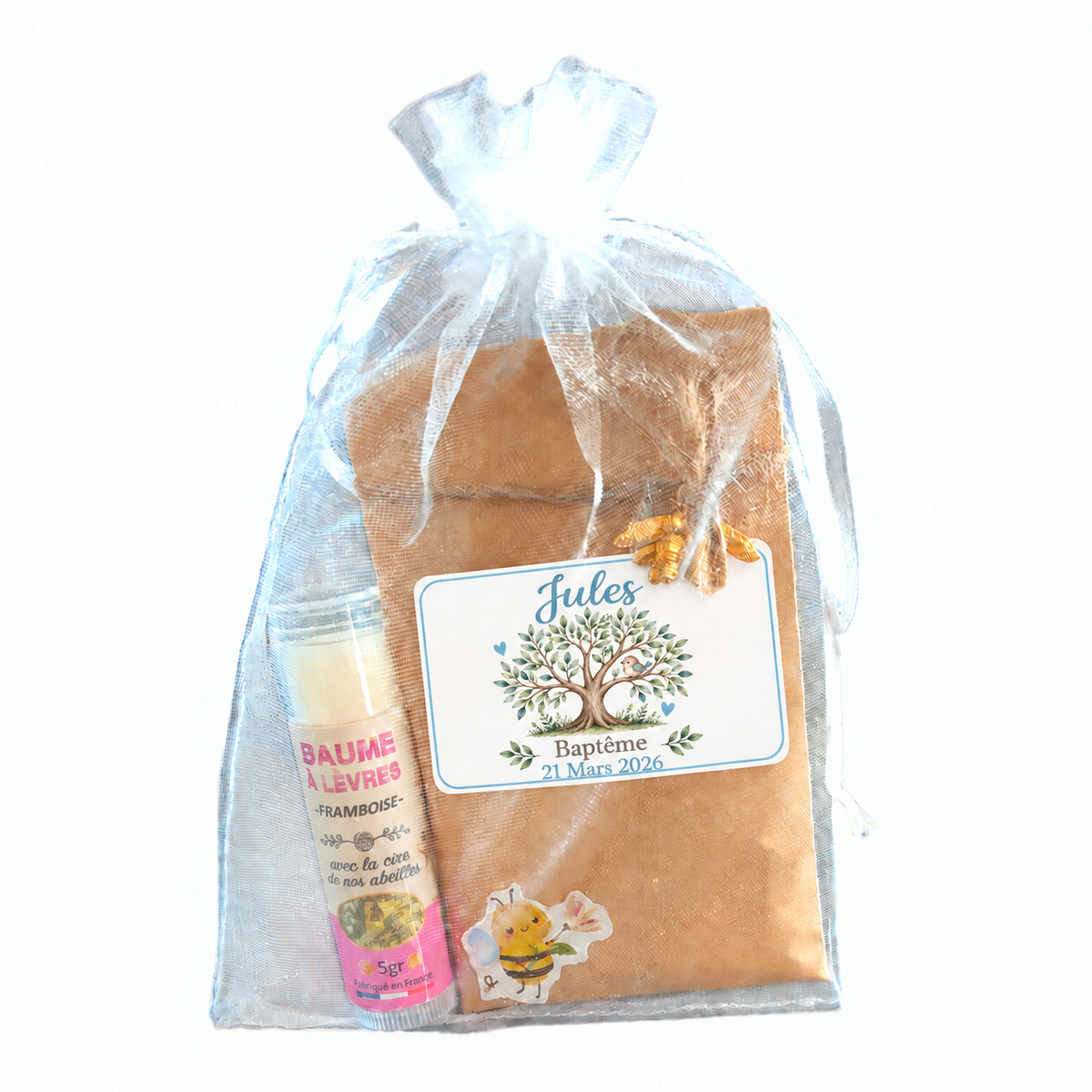 Cadeau invité de baptême personnalisé avec sachet de graines, baume à lèvres et étiquette arbre de vie