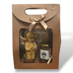 Cadeau invité communion artisanal avec miel local et bougie en cire d’abeille naturelle en forme d’ange
