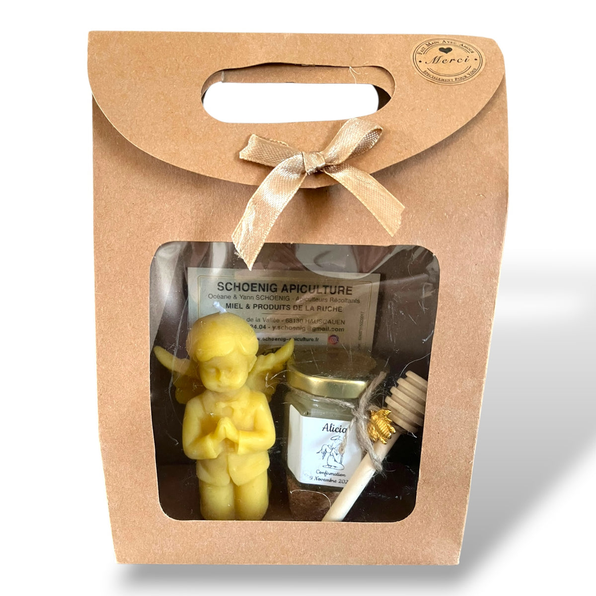 Coffret cadeau invité communion personnalisé avec miel artisanal et bougie en cire d’abeille en forme d’ange