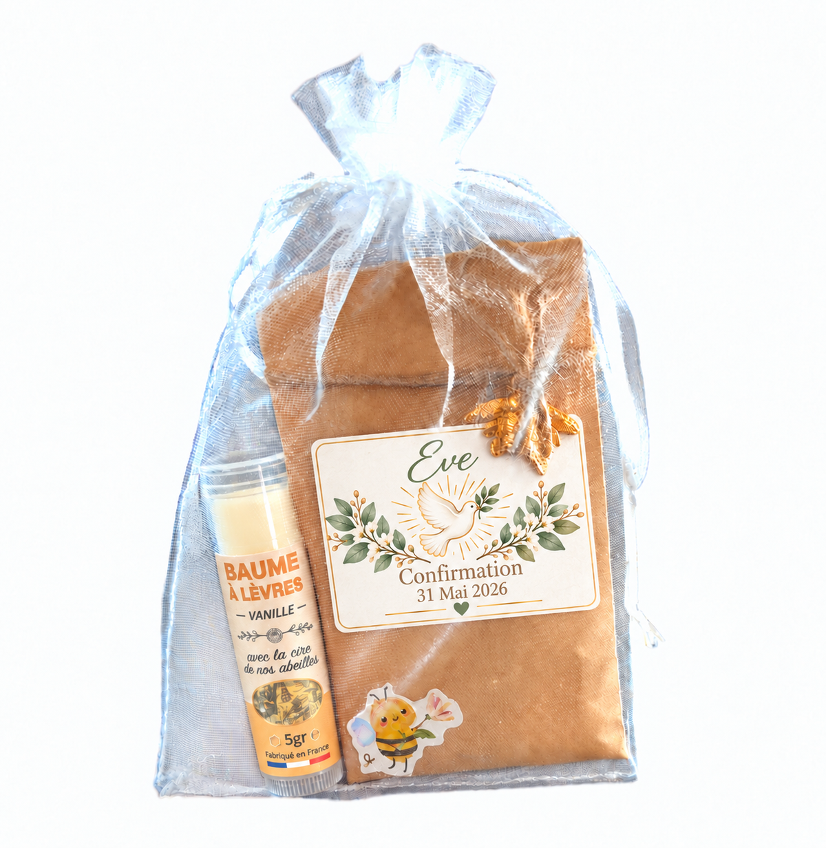 Cadeau invité de confirmation personnalisé avec sachet de graines, baume à lèvres et colombe