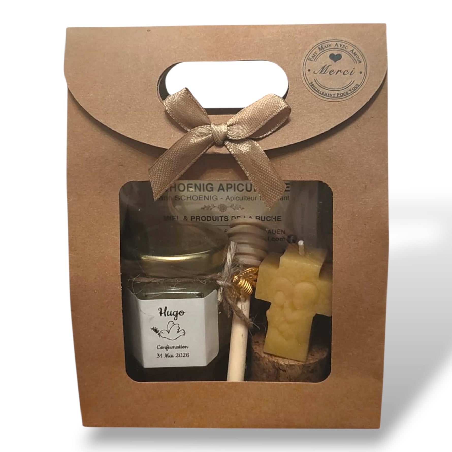 Coffret cadeau invité confirmation personnalisé avec miel artisanal et bougie en cire d’abeille en forme de croix