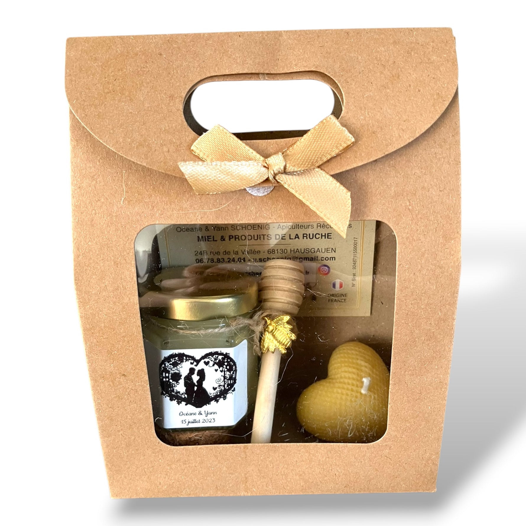 cadeau invité mariage original coffret miel et bougie cire d’abeille forme cœur