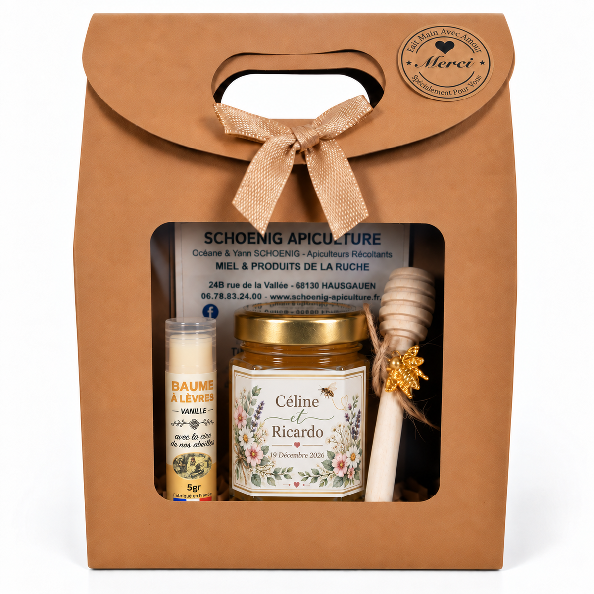 Cadeau invité mariage floral avec coffret de miel artisanal personnalisé, baume à lèvres et cuillère à miel