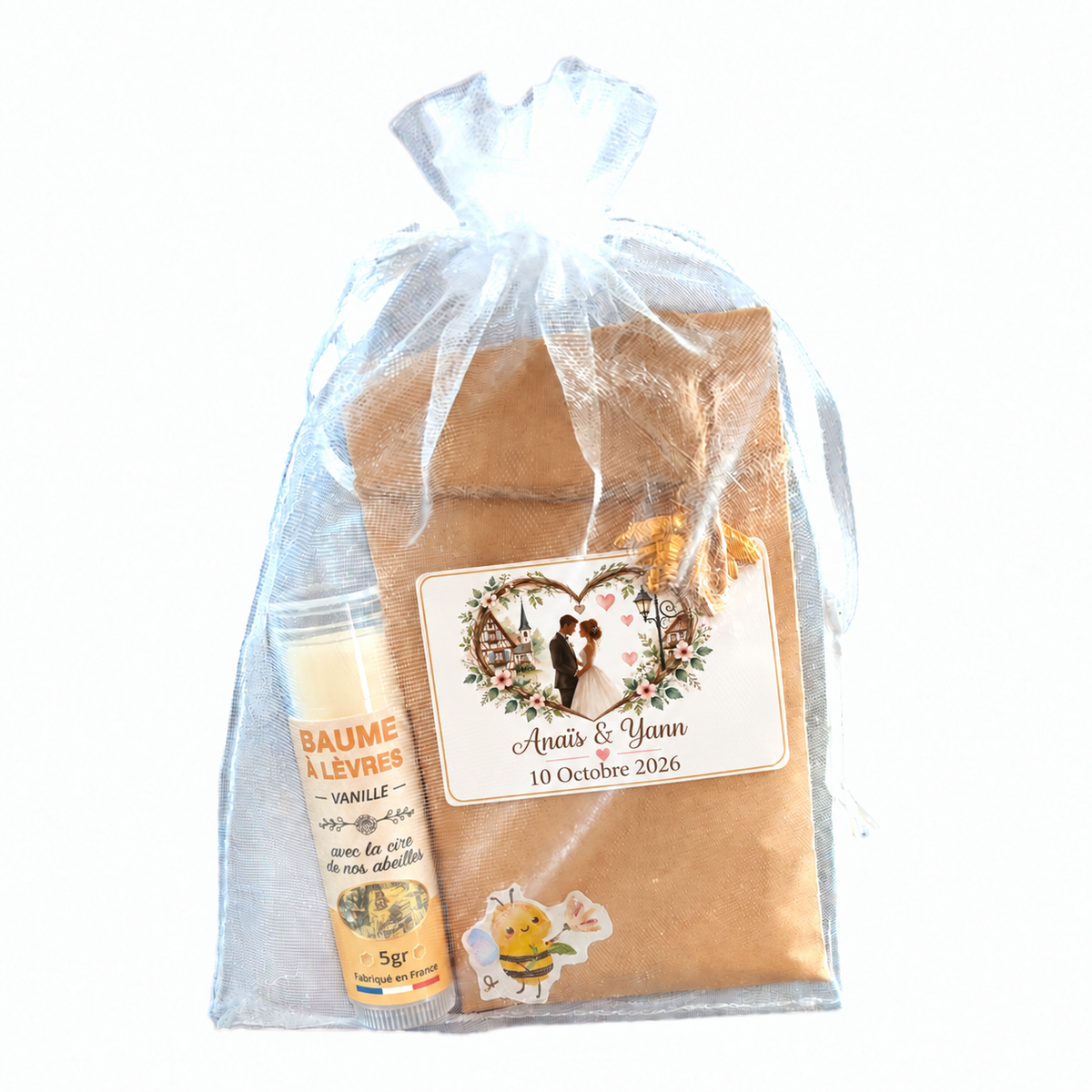 Cadeau invité de mariage personnalisé avec sachet de graines, baume à lèvres et motif couple romantique