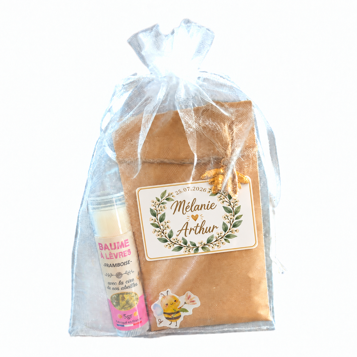 Cadeau invité de mariage personnalisé avec sachet de graines, baume à lèvres et couronne végétale
