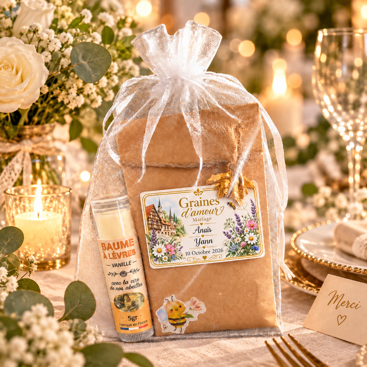 Cadeau invité de mariage personnalisé avec sachet de graines, baume à lèvres et pochon organza sur table de mariage