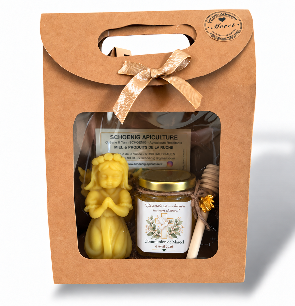 Coffret cadeau invité de communion personnalisé avec pot de miel, bougie ange, croix et colombe