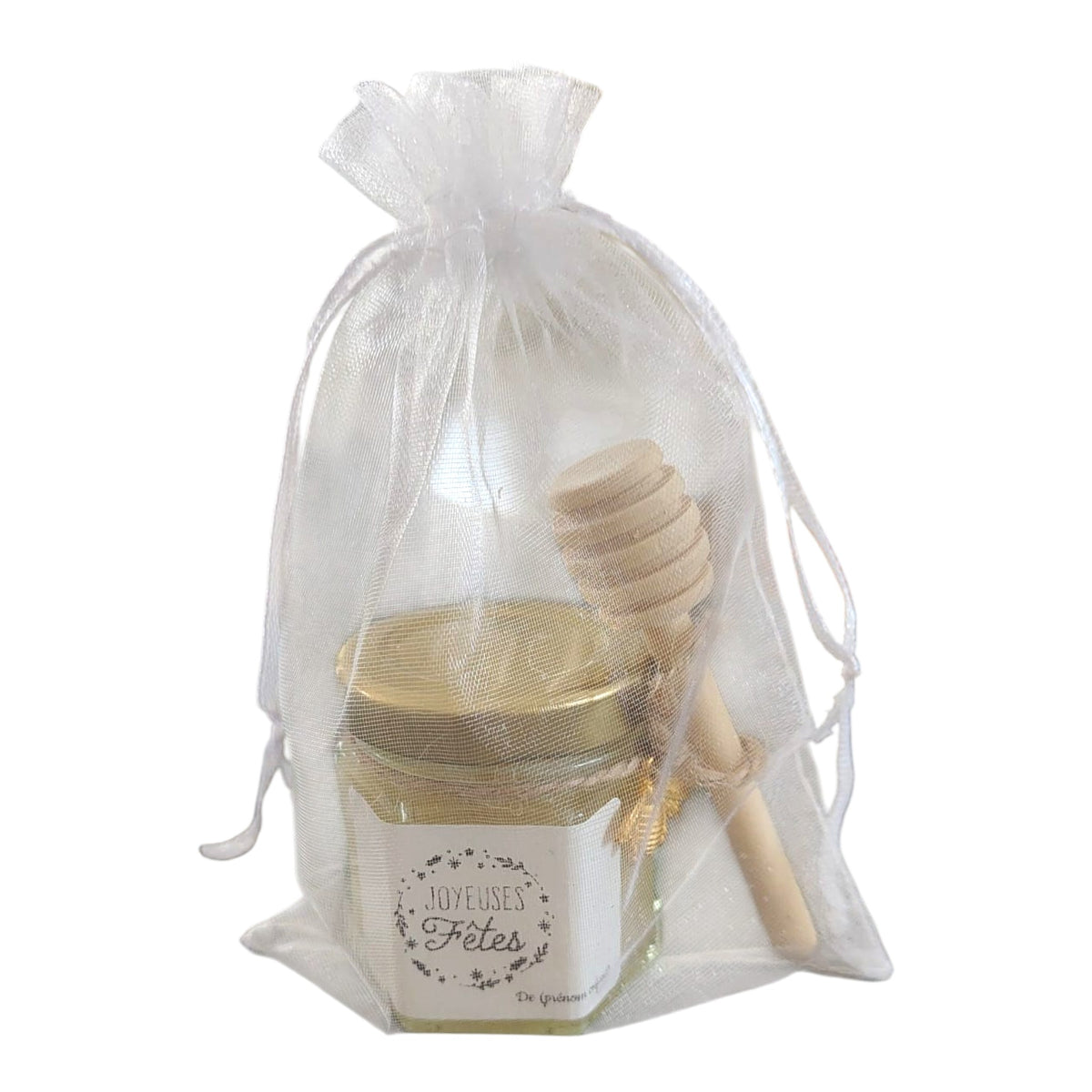 Cadeau Joyeuses Fêtes avec mini pot de miel artisanal personnalisé, cuillère à miel en bois, breloque abeille et pochette organza prête à offrir.