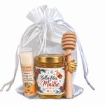 Cadeau Maître de fin d’année avec miel artisanal et baume à lèvres vanille dans un sachet organza