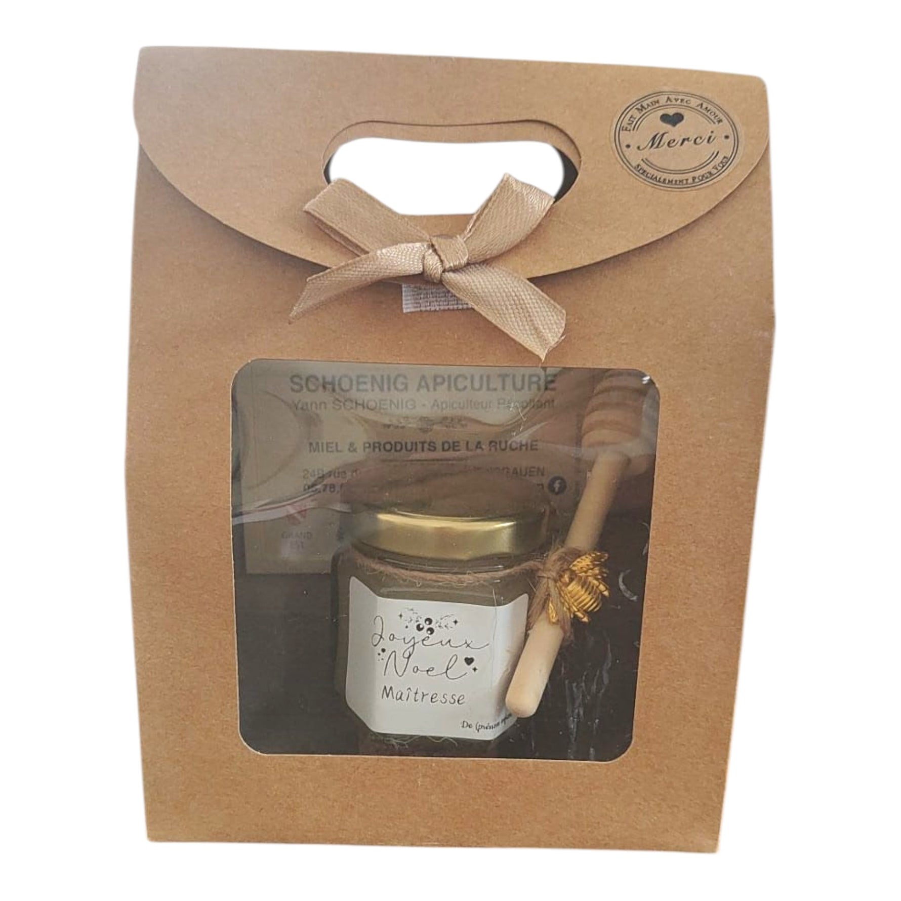 Cadeau de Noël pour maîtresse avec mini pot de miel artisanal personnalisé, cuillère à miel en bois, breloque abeille et coffret kraft.