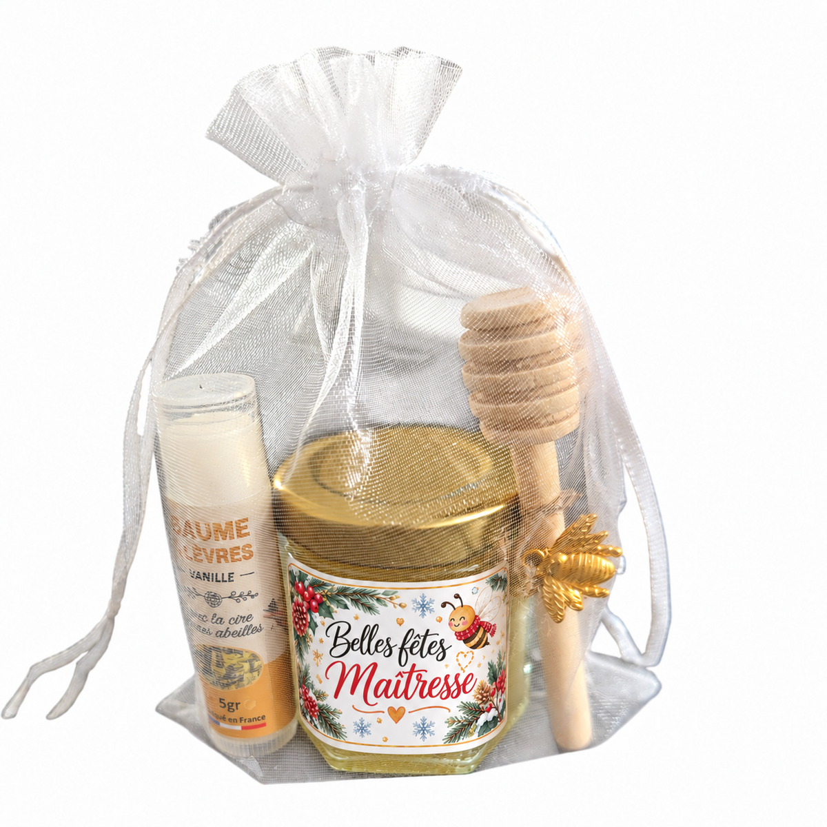 Cadeau Maîtresse de fin d’année avec miel artisanal, baume à lèvres vanille et cuillère à miel