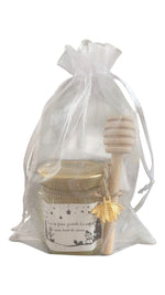 Cadeau personnalisé pour maîtresse avec mini pot de miel artisanal, cuillère à miel en bois, breloque abeille dorée, étiquette « Merci de faire grandir les enfants avec tant de cœur » et pochon organza prêt à offrir.