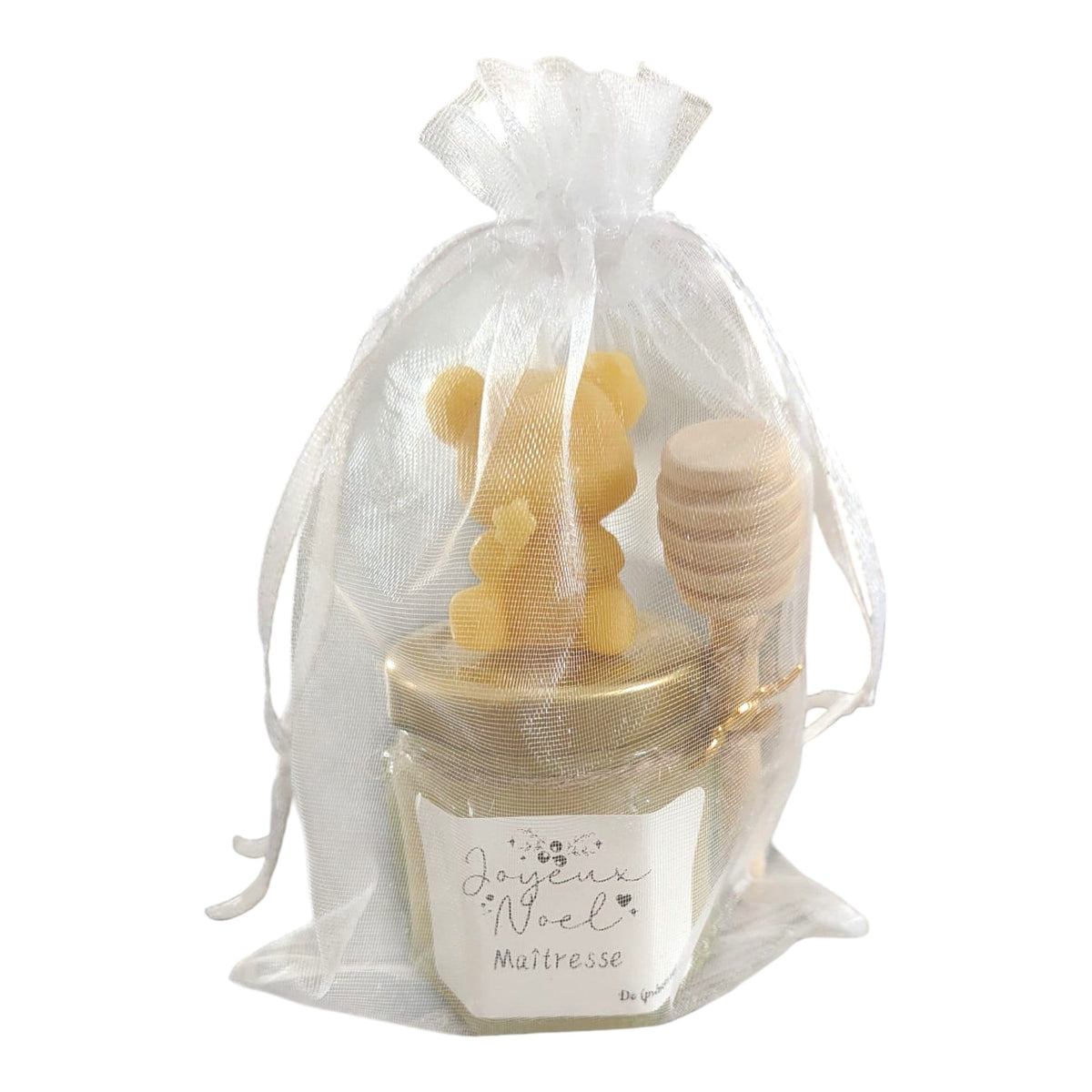 Cadeau personnalisé pour maîtresse avec mini pot de miel artisanal, petite bougie ourson en cire d'abeille, cuillère à miel en bois, breloque abeille et étiquette « Merci de faire grandir les enfants avec tant de cœur ».