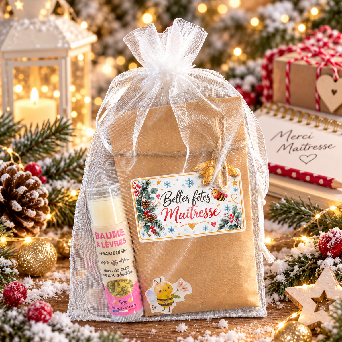 Cadeau maîtresse de Noël présenté dans une ambiance hivernale avec graines et baume à lèvres