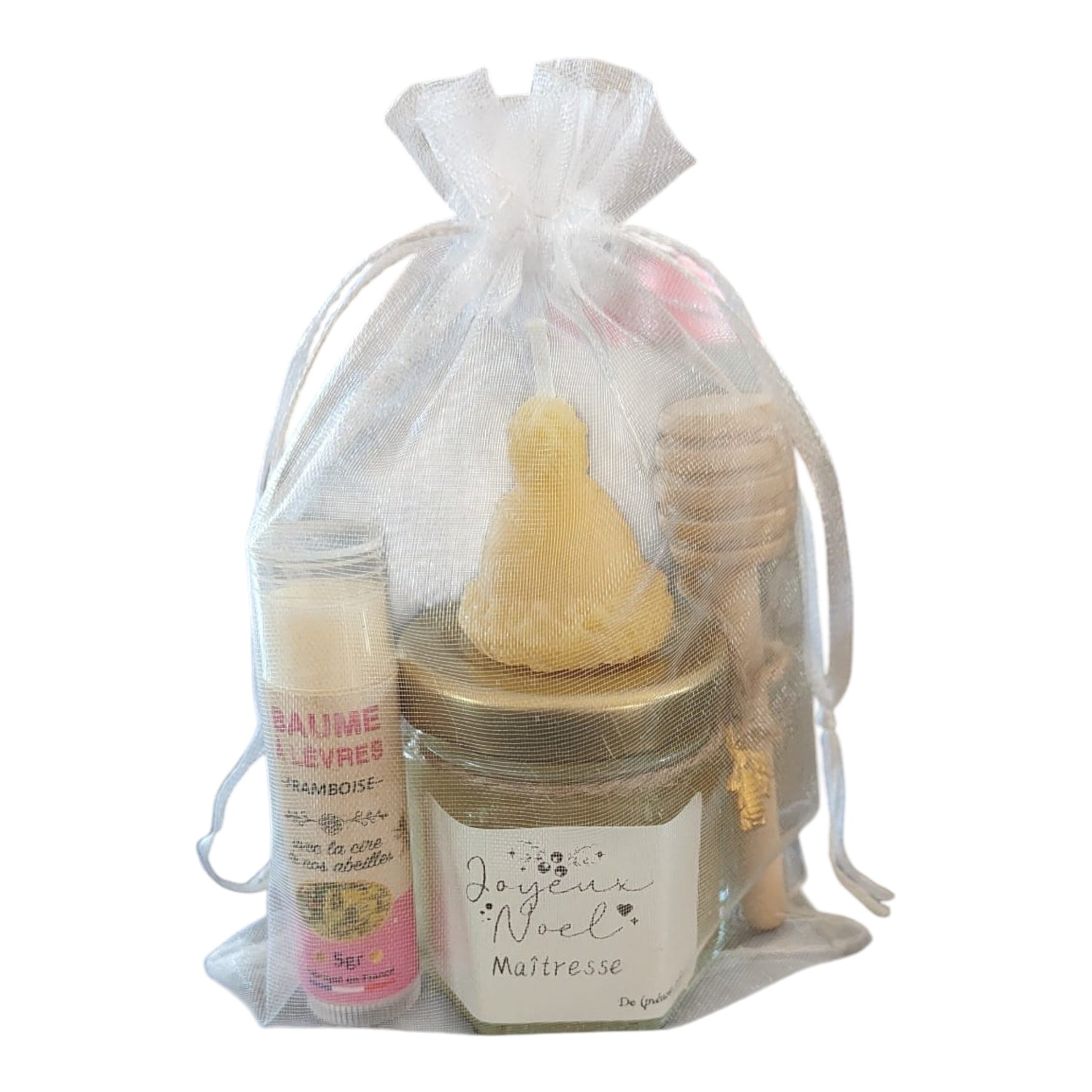 Coffret cadeau Joyeux Noël Maîtresse avec mini pot de miel artisanal, baume à lèvres à la cire d'abeille, bougie artisanale et cuillère à miel en bois, cadeau personnalisé pour maîtresse, ATSEM ou nounou.
