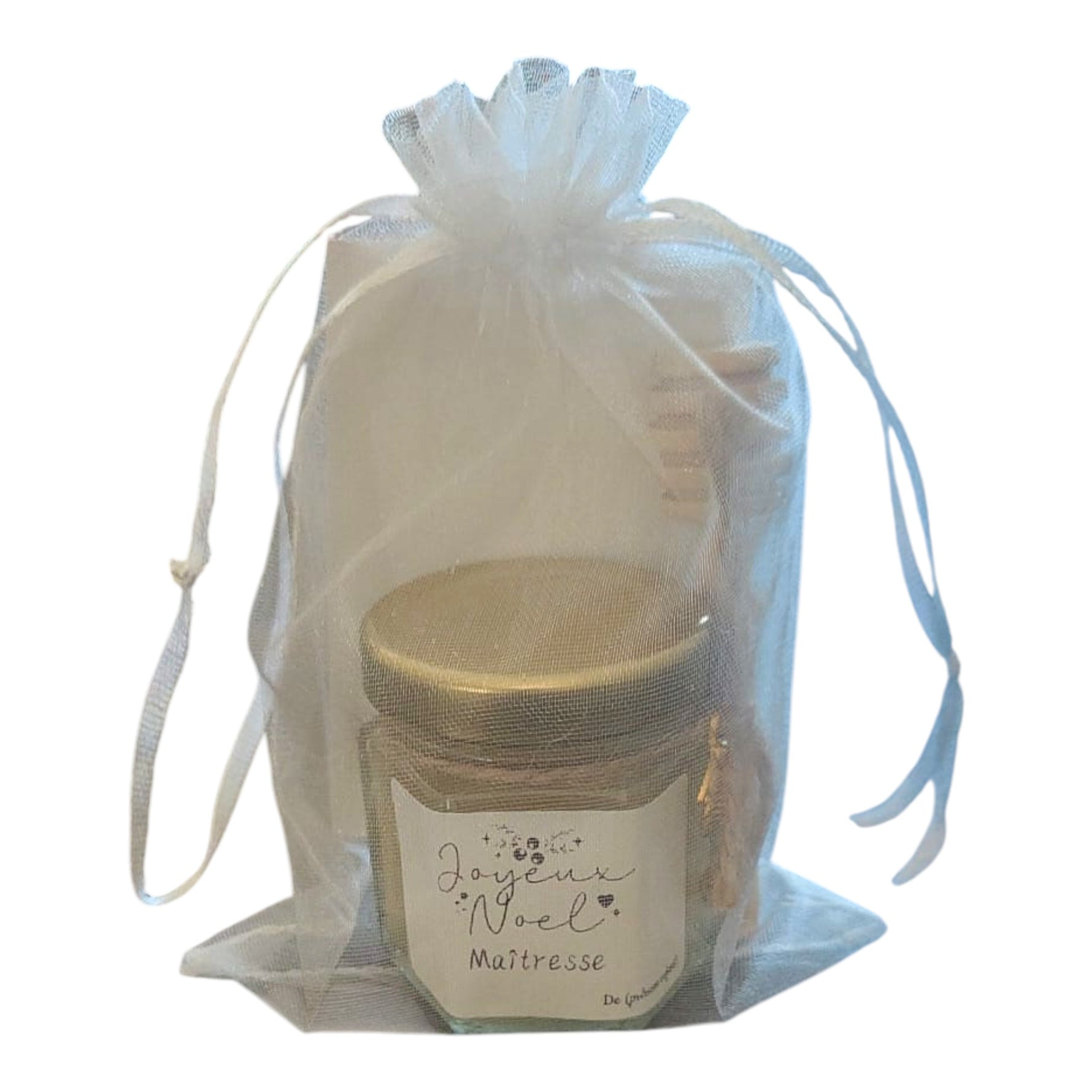 Cadeau maîtresse Noël avec mini pot de miel artisanal personnalisé "Joyeux Noël Maîtresse", cuillère à miel en bois, breloque abeille et pochon en organza, prêt à offrir.