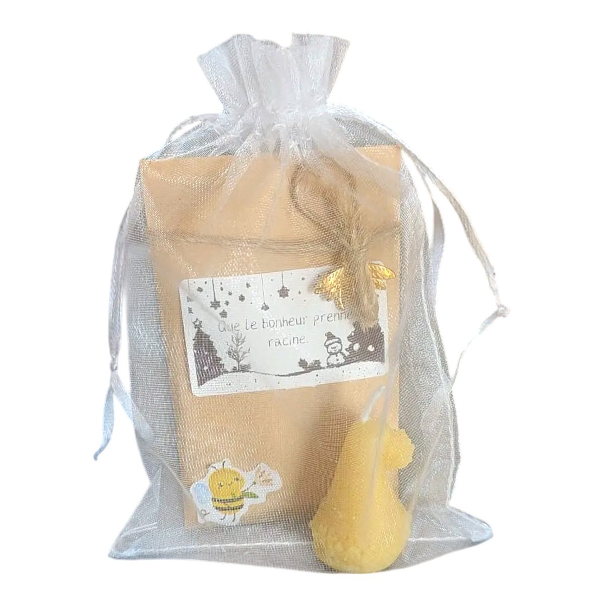 Cadeau de Noël personnalisé avec le message « Que le bonheur prenne racine », comprenant un sachet de graines personnalisé et une bougie artisanale en cire d'abeille, idéal pour maîtresse, ATSEM, nounou ou Secret Santa.